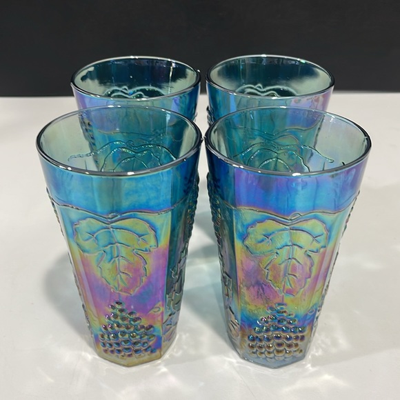 Indiana Glass Iridescent Blue Carnival Harvest Grape Tumblers Vintage Set of 4 - Picture 4 of 14
